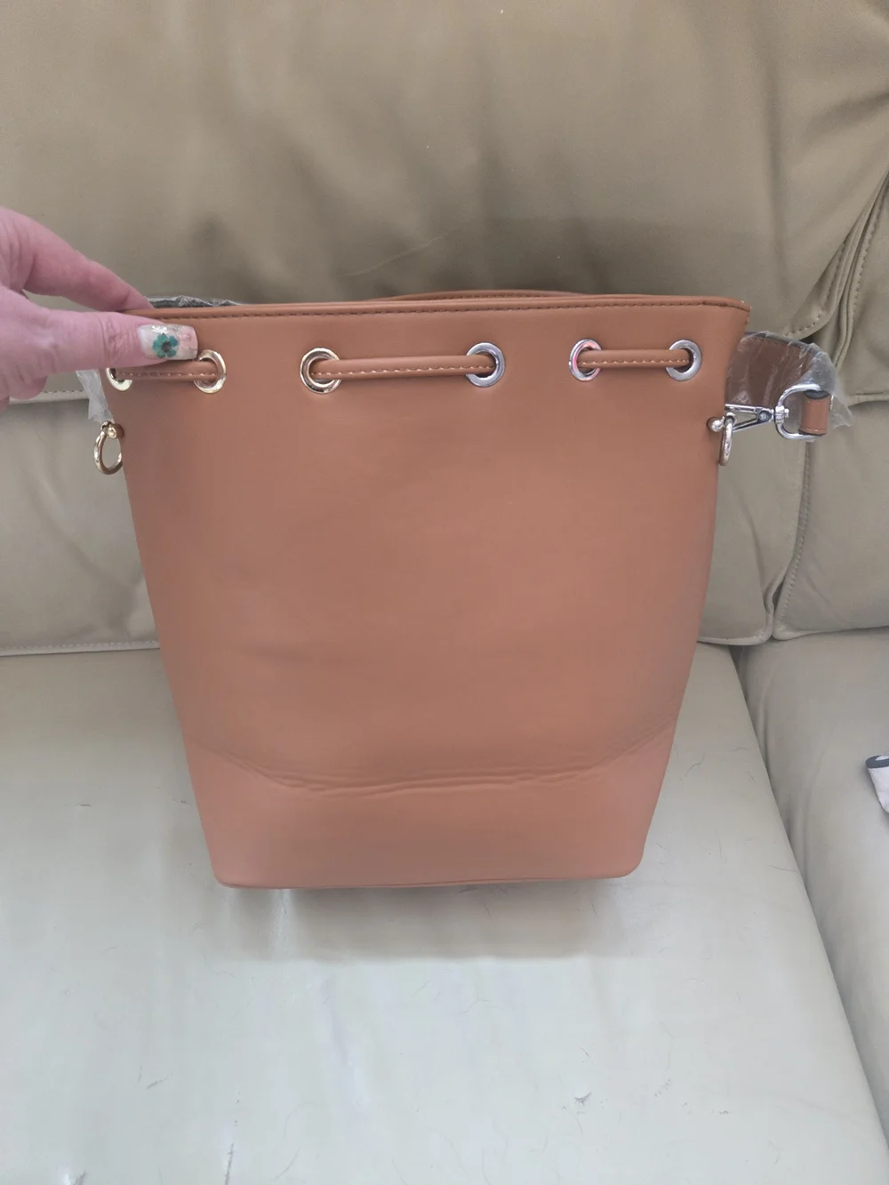 Studded Bucket Hobo Bag in Cognac - Fashion Logo Pattern